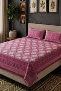 KBCFashion - Premium Multani Double Bed Sheet Set with Zari Work (Raspberry Pink)
