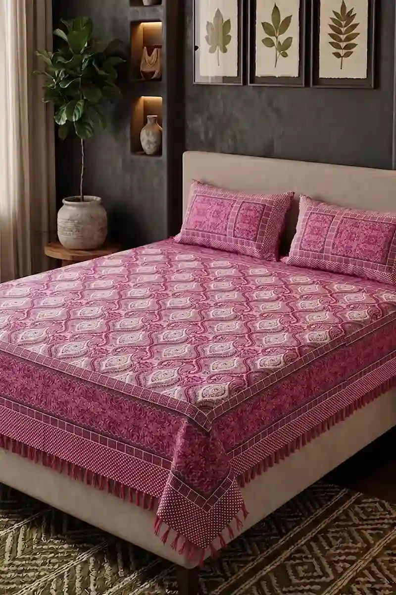 KBCFashion - Premium Multani Double Bed Sheet Set with Zari Work (Raspberry Pink)