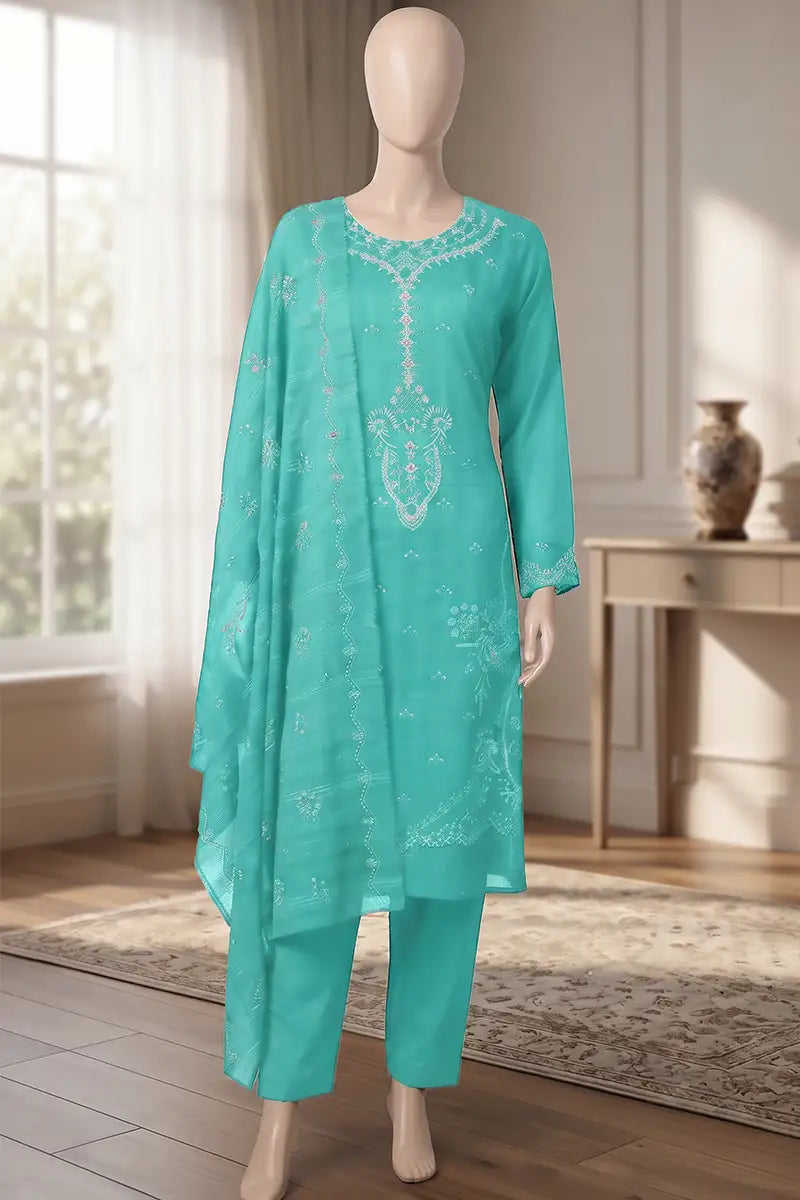 Roshan by Breeza Fashion - 3PC Unstitched Embroidered Lawn Suit (Aqua Blue)