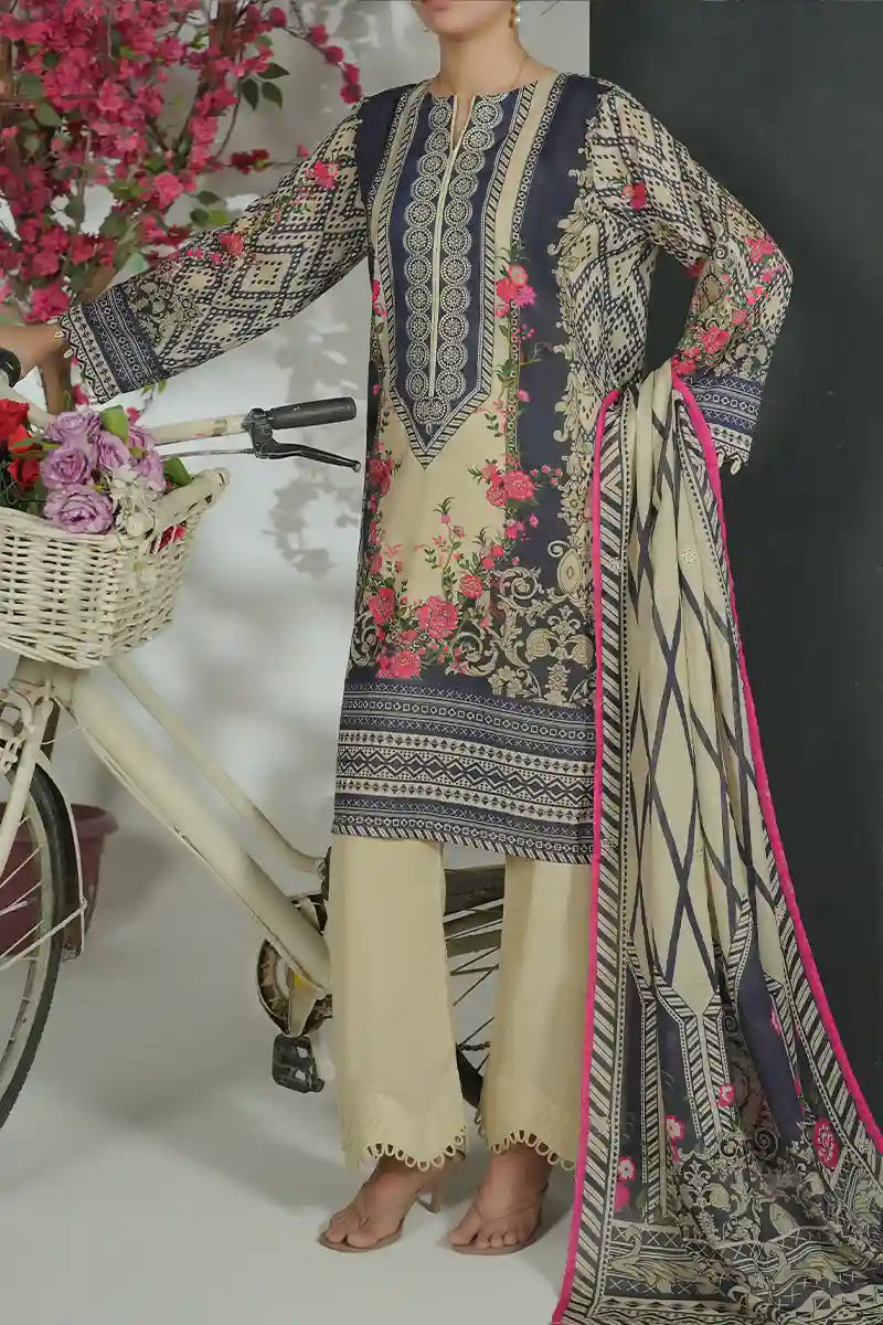 Mehrun by KBC Fashion Unstitched 3-Piece Lawn Collection (Charcoal Blue & Light Beige)