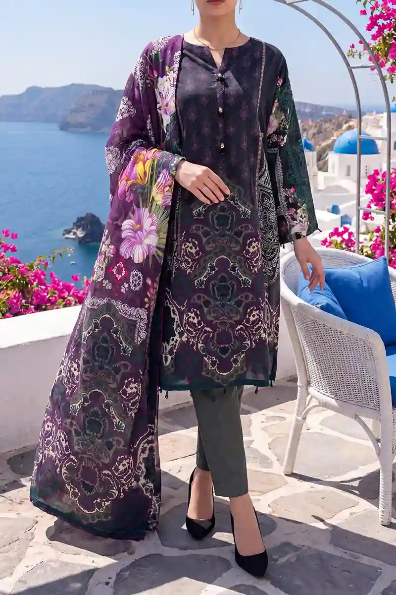 Aabruh Vol-1 3PC Unstitched Printed Lawn Suit (Deep Midnight Violent & Charcoal Olive)