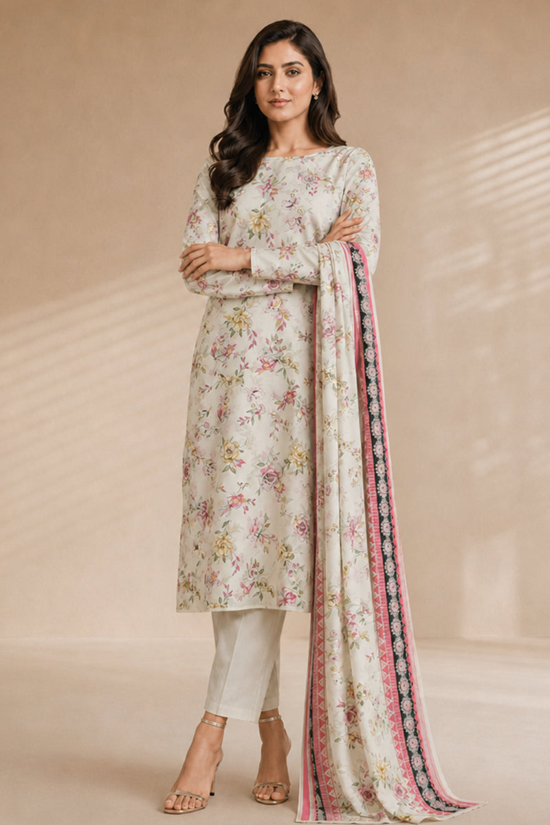 Khaadi (Vol.4) – 3 Piece Unstitched Printed Lawn Suit (Off White)