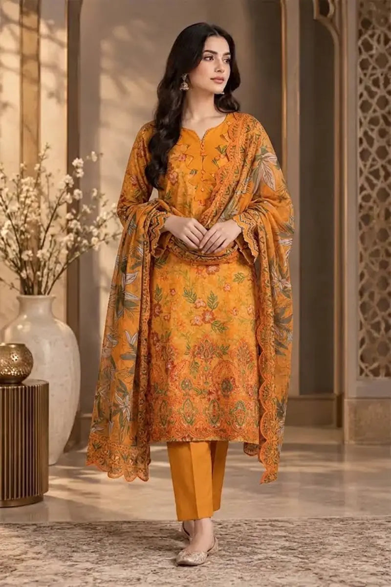 Women's Stitched Lawn 3-Piece Suit with Cutwork Dupatta (Mustard)