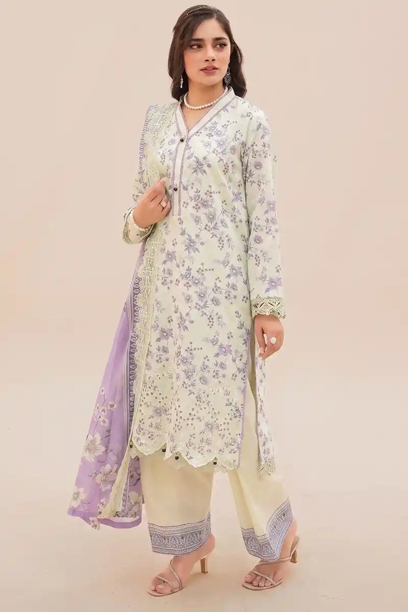 Zesh - 3PC Unstitched Embroidered Lawn Suit (Pale Pistachio Cream & Soft Lavender)