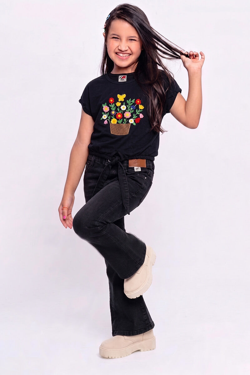 Girls' Floral Basket Print T Shirt (Black)