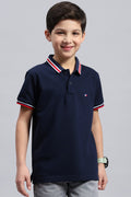 Boy's Textured Cotton Polo T-Shirt (Deep Midnight Navy)