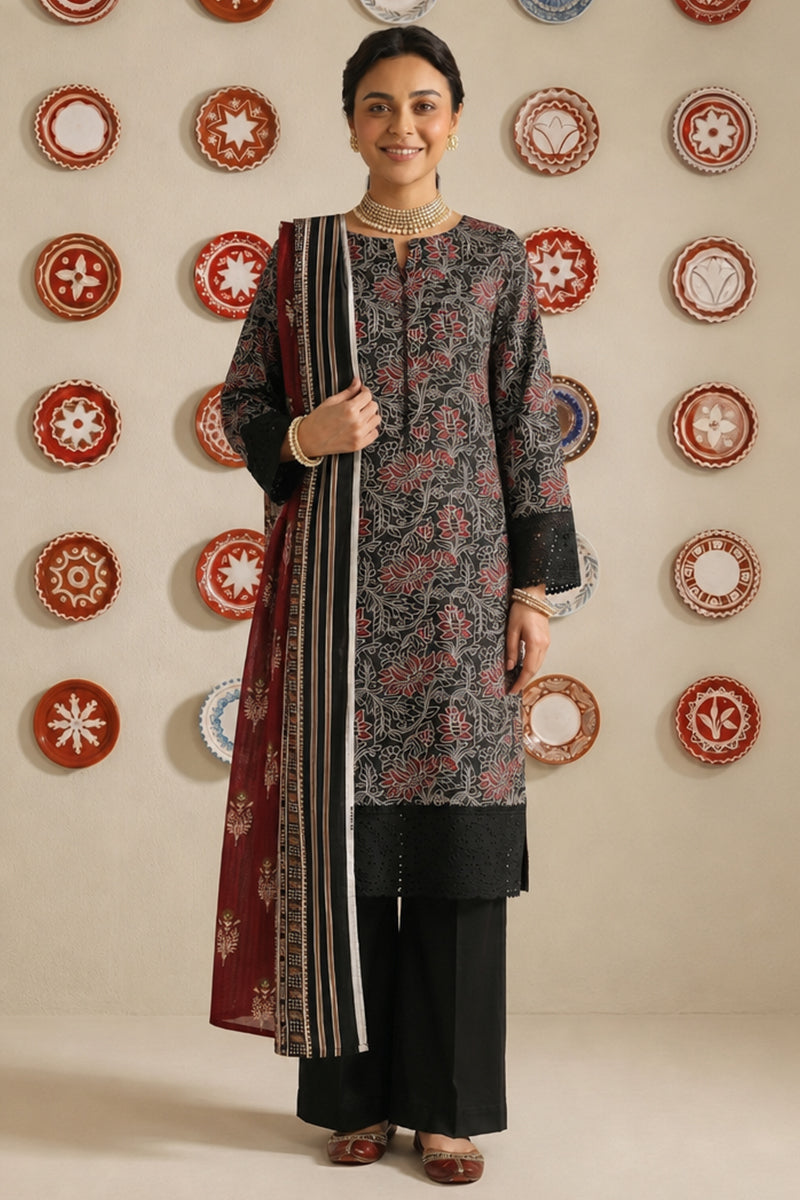 Nishat - Unstitched 3pc Printed Lawn (Black & Maroon)
