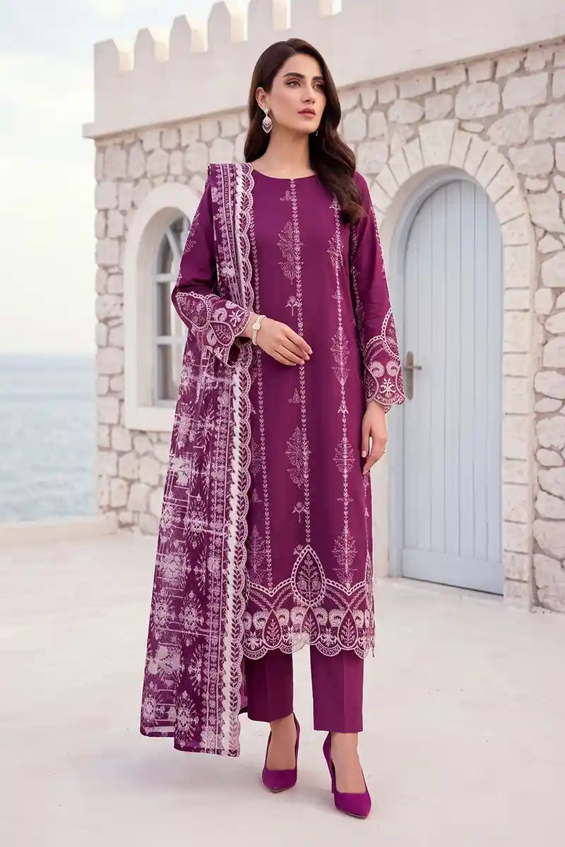 Zesh - 3PC Unstitched Embroidered Lawn Suit (Mulberry)