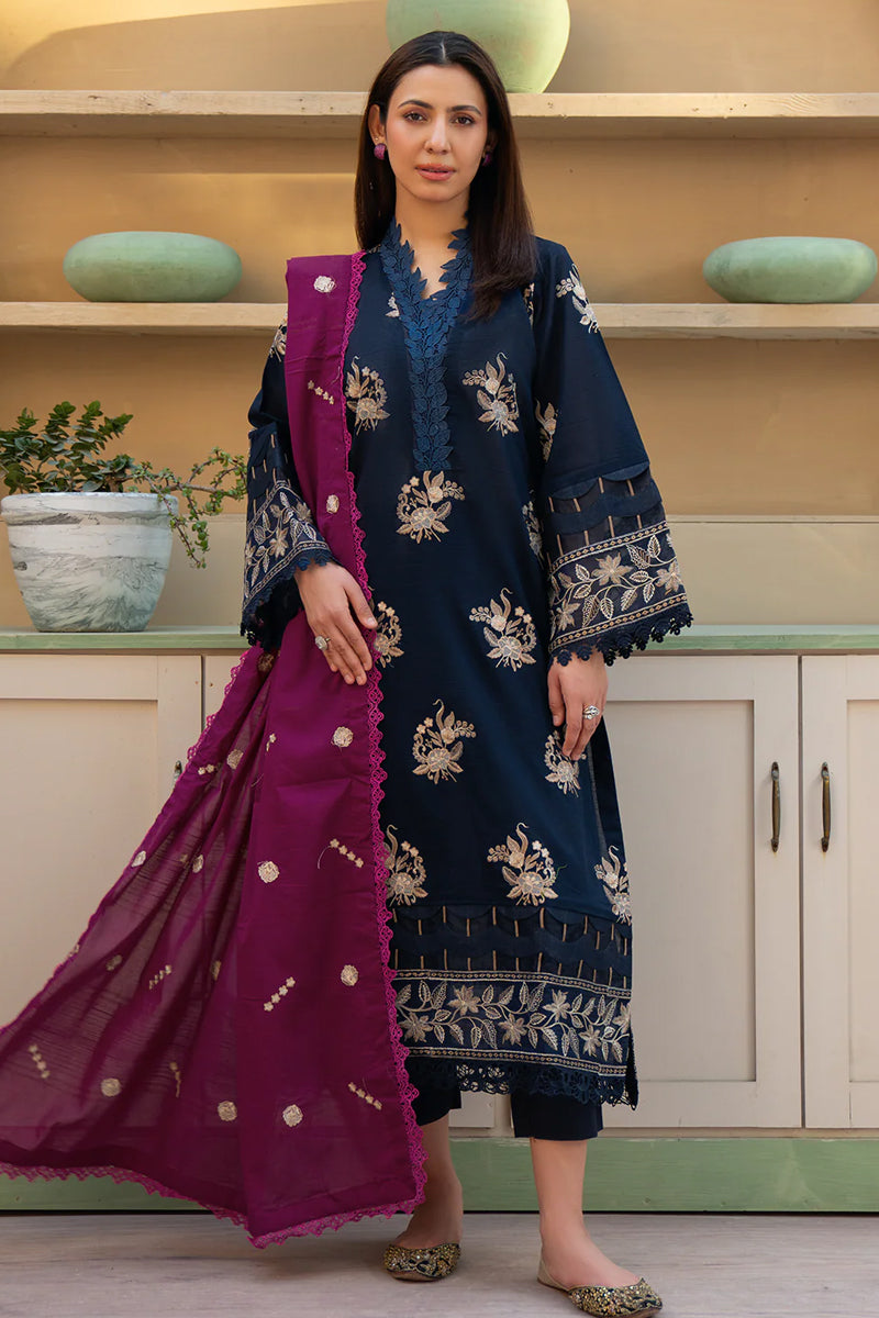 Khimar By Johra - 3PC Unstitched Embroidered Lawn Suit (Navy Blue & Purple)