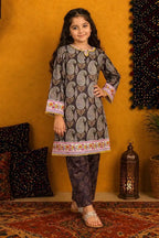 Ting Tone by Almeerah - Girls Unstitched 2-Piece Suit (8 to 12 Years) (Dark Chocolate Brown & Warm Taupe)