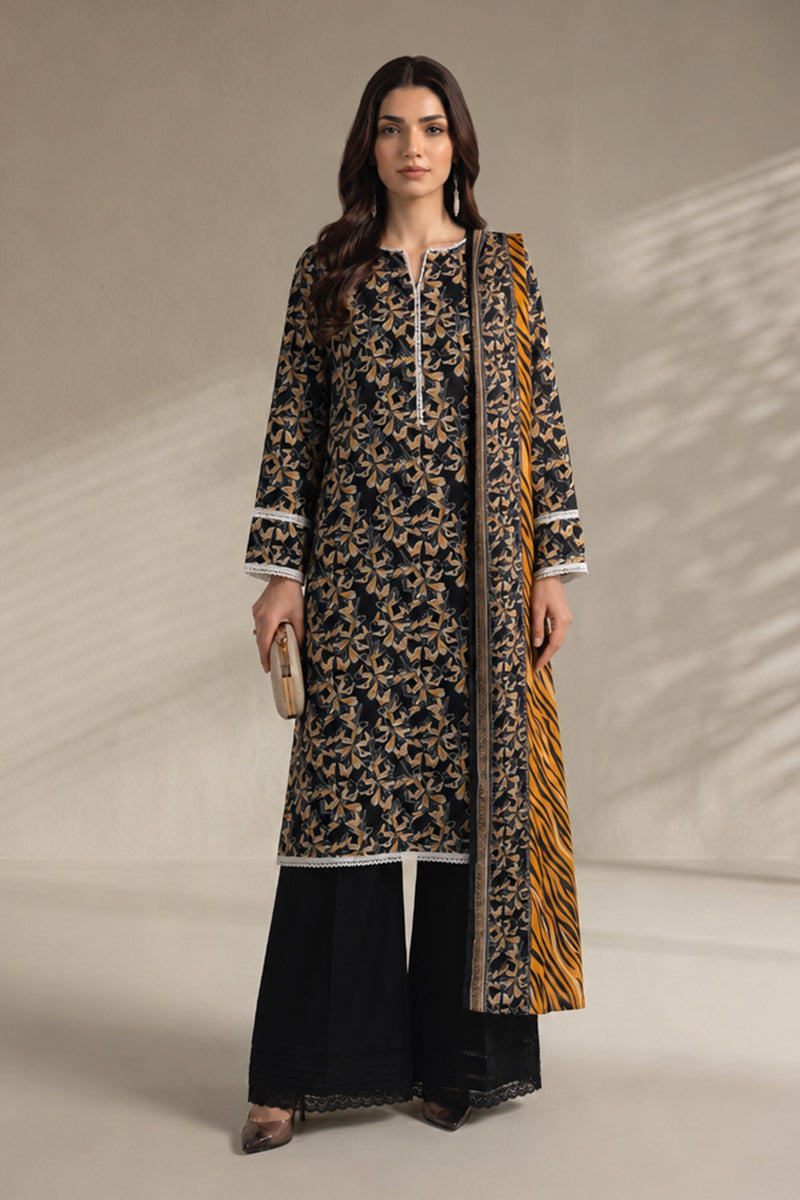 Khaadi – 3 Piece Unstiched Premium Printed Lawn Suit (Jet Black & Gold)