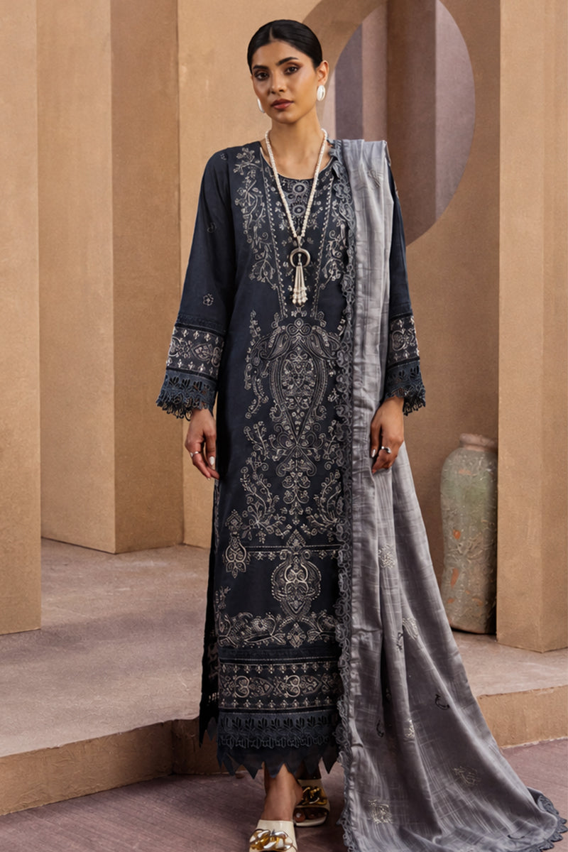 Mahrin By Johra - Premium 3PC Unstitched Embroidered Lawn Suit (Midnight Blue & Gray)