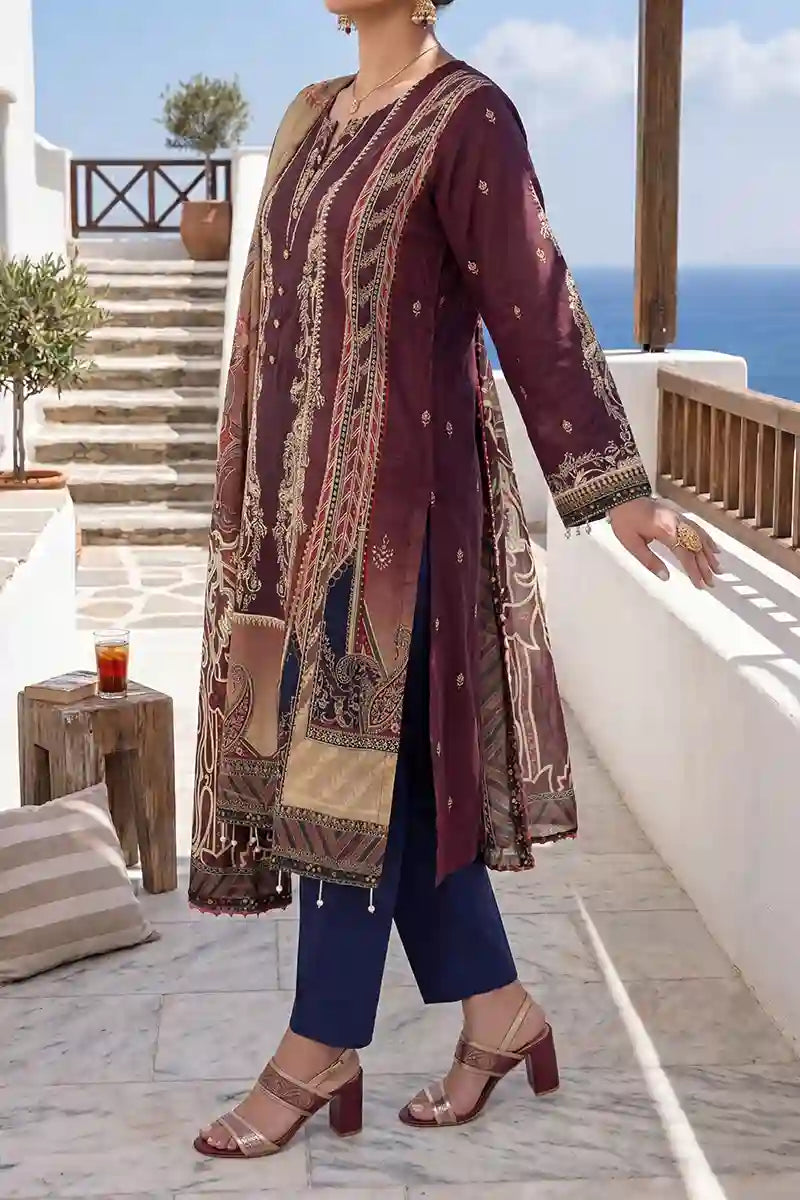 Aabruh Vol-1 3PC Unstitched Printed Lawn Suit (Dark Auburn & Midnight Navy)