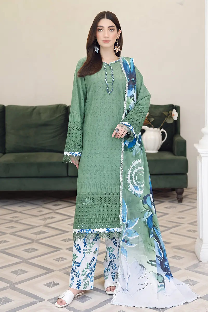 Emerald By Johra - 3 Piece Unstitched Embroidered Chikankari Lawn Suit (Muted Olive Green)