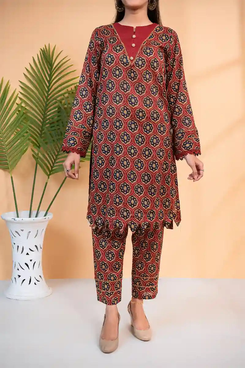 Naqsh Premium Printed Lawn Stitched Suit Set (Deep Crimson)