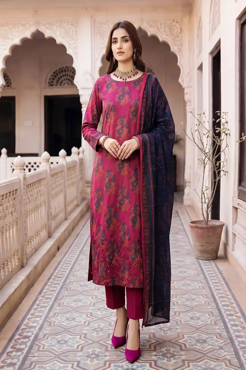 Zesh - 3PC Unstitched Embroidered Lawn Suit (Deep Magenta & Midnight Navy)