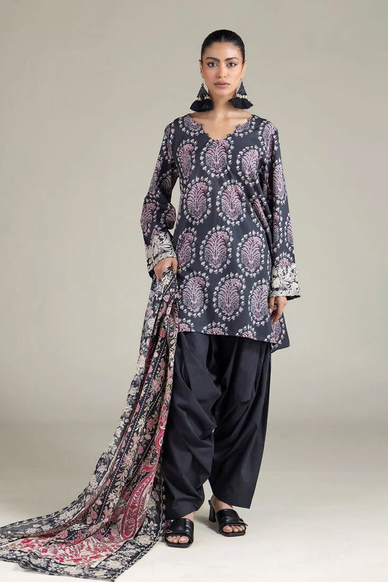 Khaadi – 3 Piece Unstitched Premium Embroidered Digital Printed Lawn Suit (Slate Black & Rose Pink)