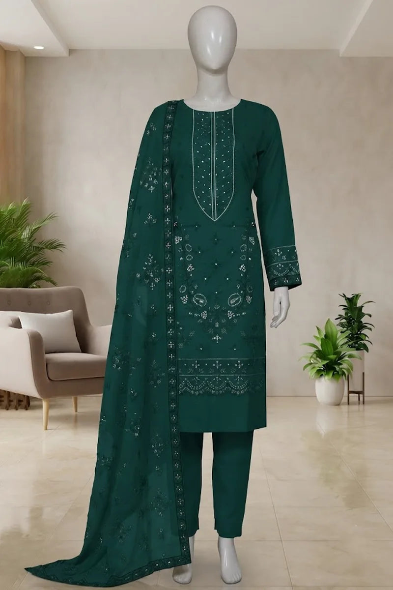 Pariyon Ki Rani by Breeza Fashion - 3PC Unstitched Embroidered Lawn Suit (Bottle Green)