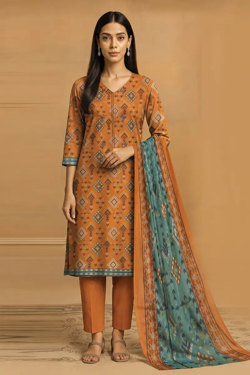 Sapphire Lawn Vol.08 - 3PC Unstitched Printed Lawn Suit (Rust Ochre)