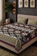 KBCFashion - Premium Multani Double Bed Sheet Set with Zari Work (Deep Purple & Dark Espresso Brown)