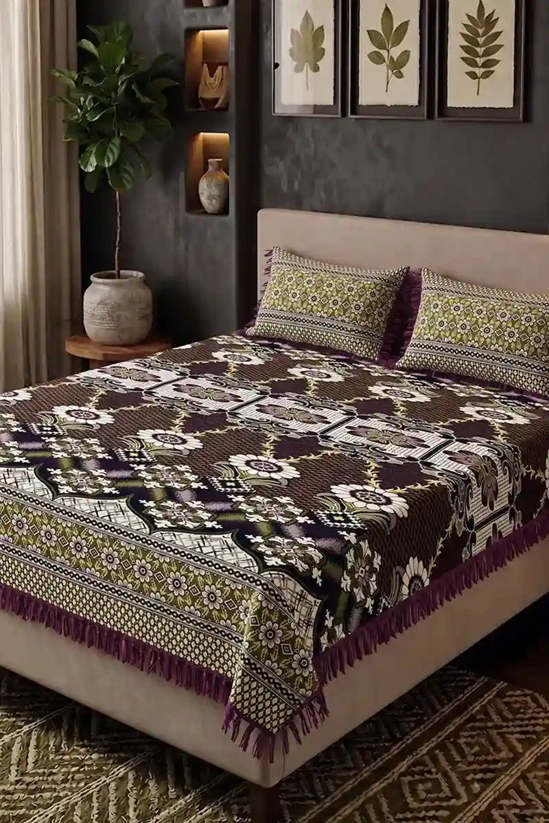 KBCFashion - Premium Multani Double Bed Sheet Set with Zari Work (Deep Purple & Dark Espresso Brown)