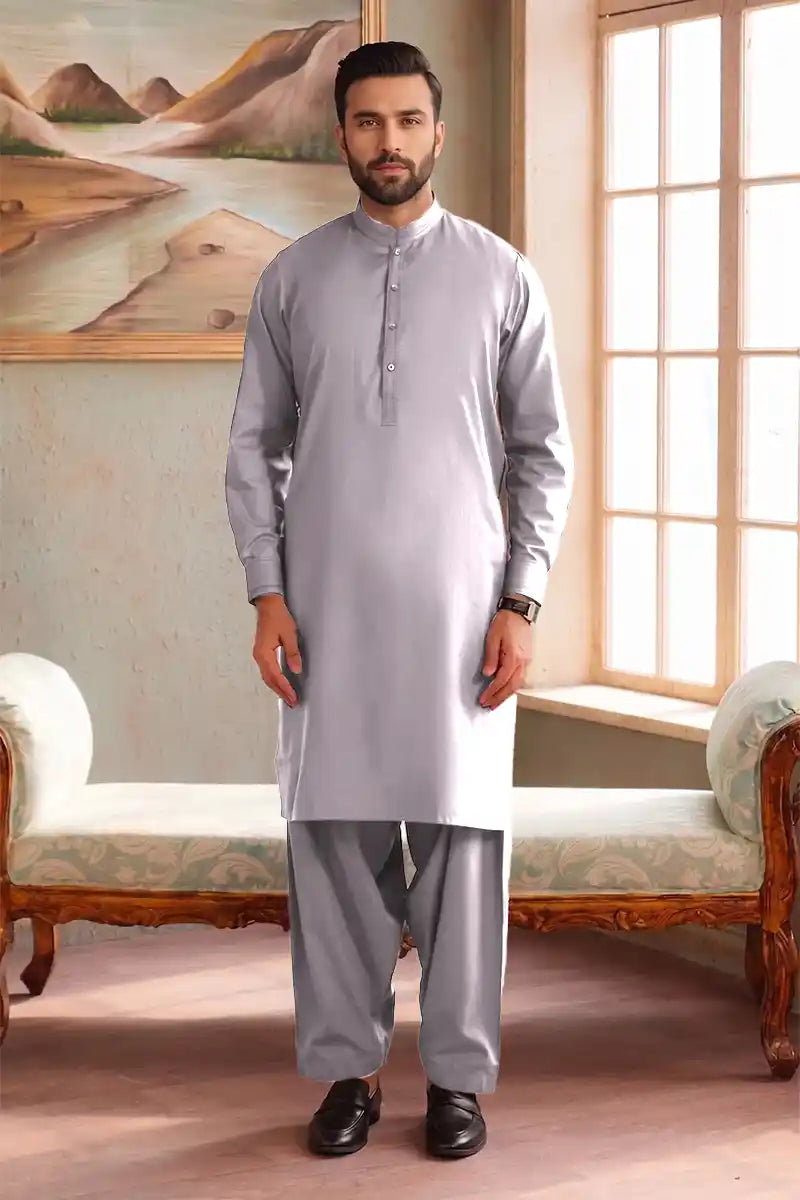 Premium Pasha Men’s Wash & Wear Unstitched Suit (Metallic Slate Grey)