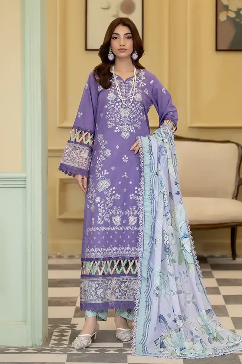 Elvia By Johra - 3PC Unstitched Embroidered Lawn Suit (Purple)
