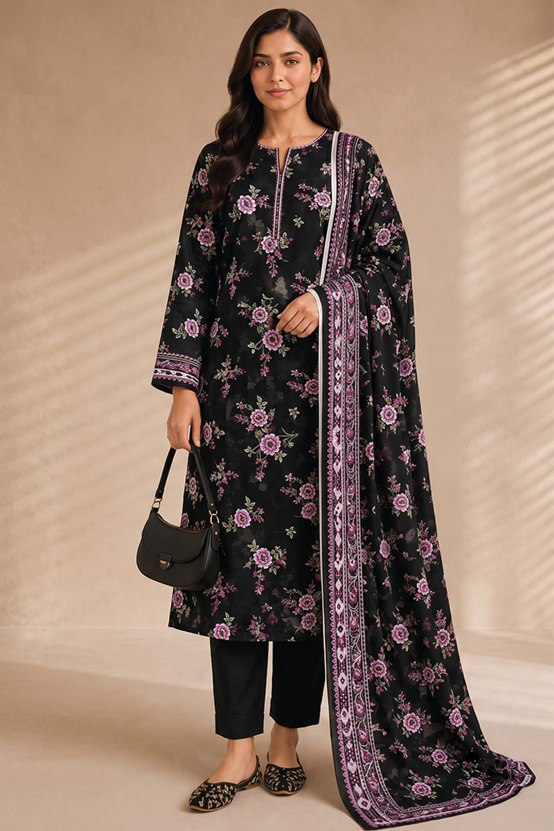 Khaadi (Vol.5) – 3 Piece Unstitched Printed Lawn Suit (Jet Black & Lavender Pink)