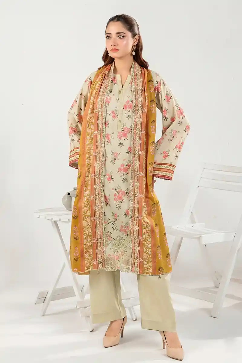 Zesh - 3PC Unstitched Embroidered Lawn Suit (Light Warm Gray & Mustard Yellow)