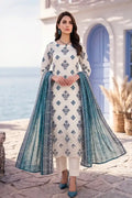 Zesh - 3PC Unstitched Embroidered Lawn Suit (Warm Cream & Teal Blue)