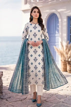 Zesh - 3PC Unstitched Embroidered Lawn Suit (Warm Cream & Teal Blue)
