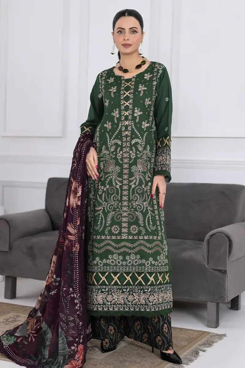 Muswa By Johra - 3PC Unstitched Embroidered Lawn Suit (Deep Forest Green)