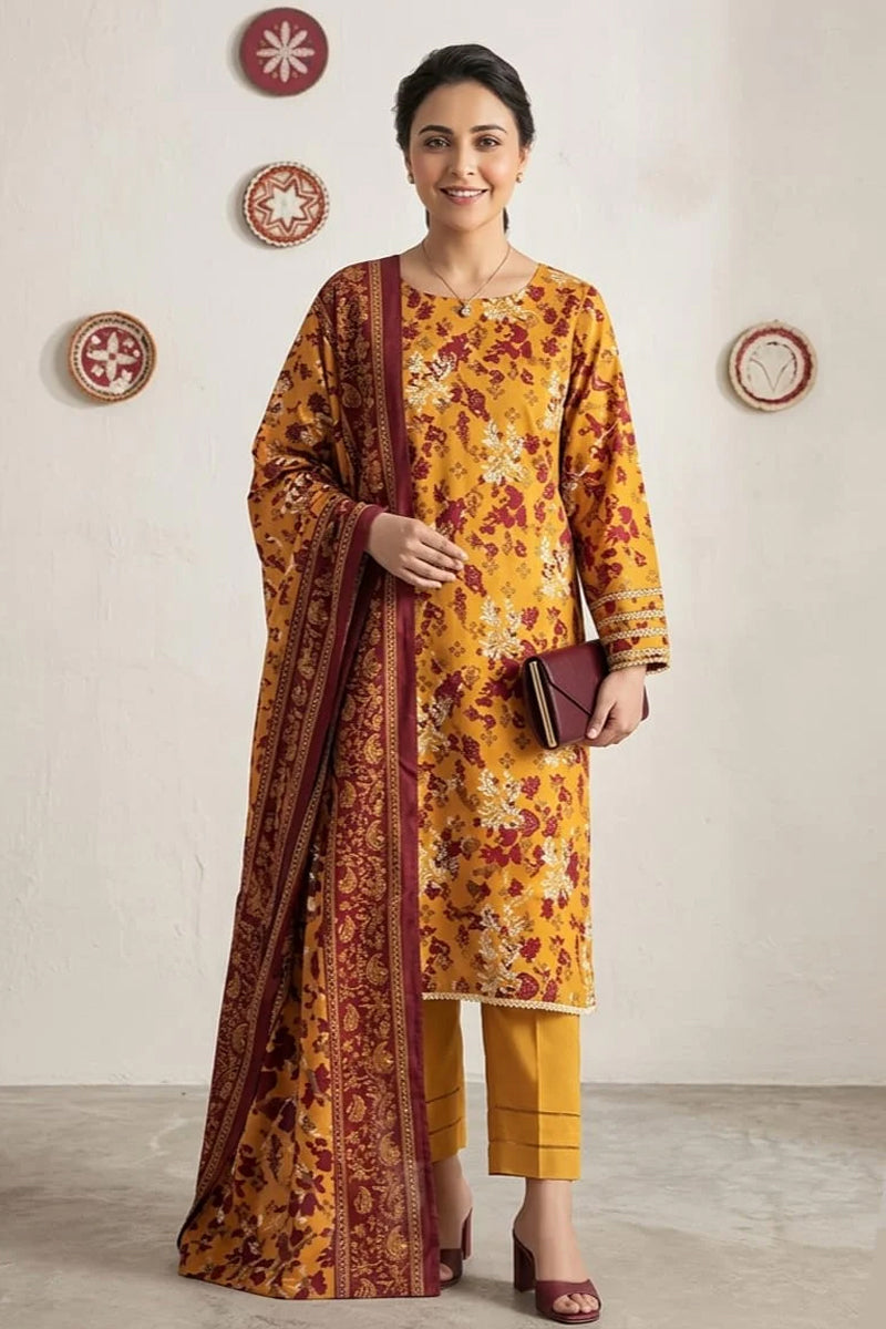 Nishat - Unstitched 3pc Printed Lawn (Mustard Yellow & Maroon)
