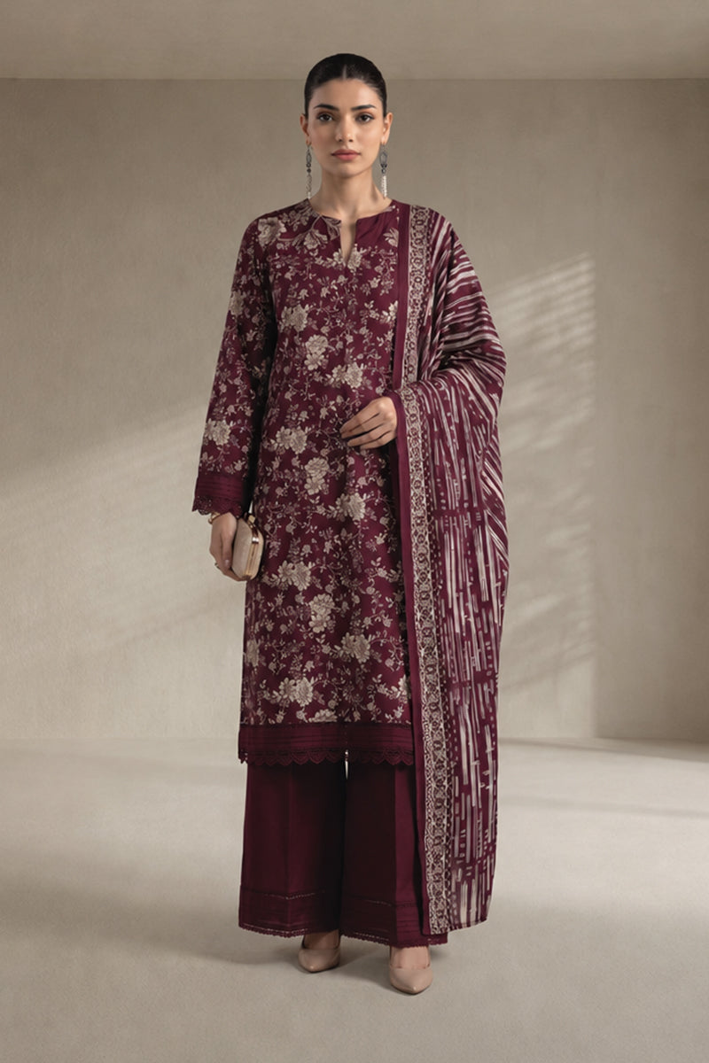 Khaadi – 3 Piece Unstiched Premium Printed Lawn Suit (Maroon)