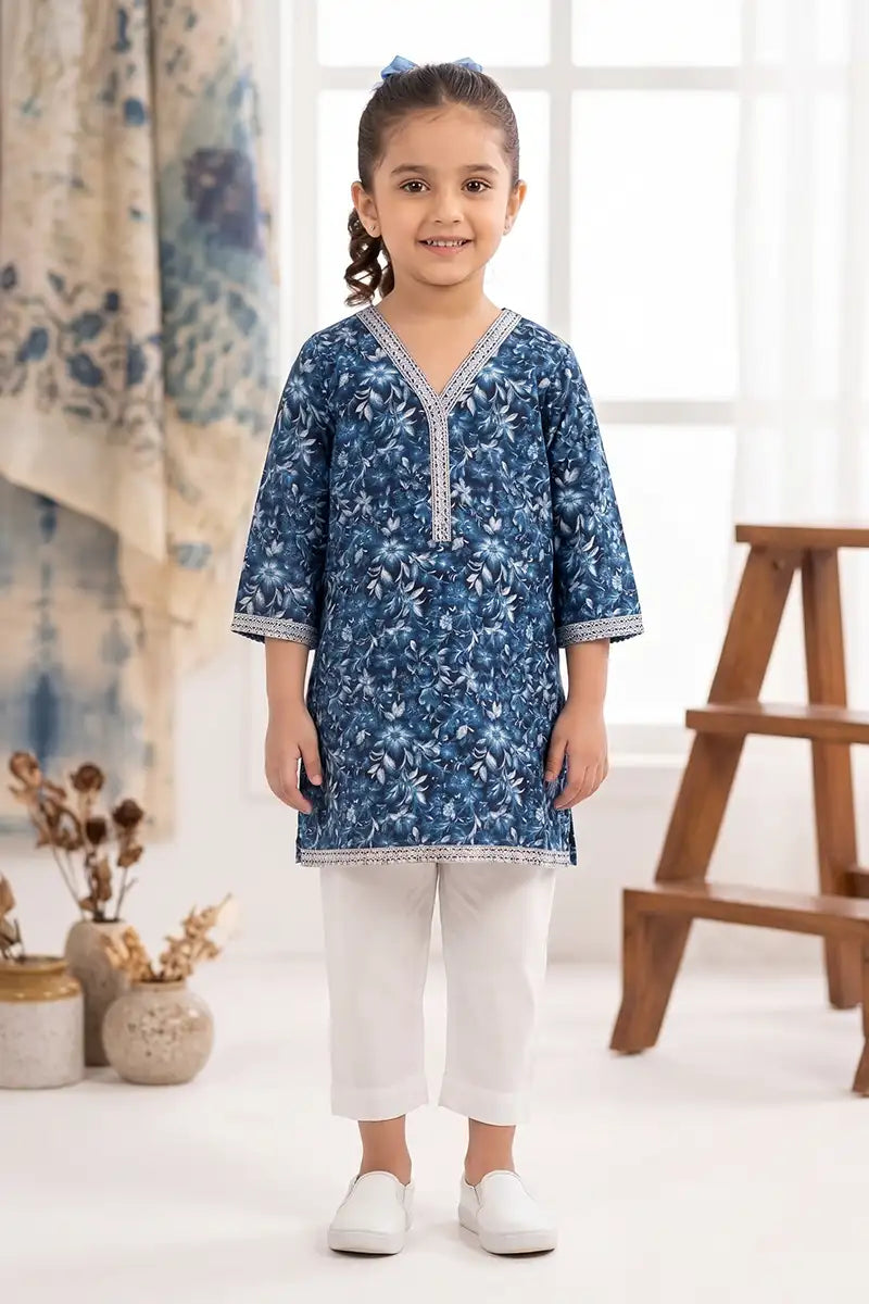 Little Angel Girls Soft Cotton Printed Kurti Shirt (Steel Blue)