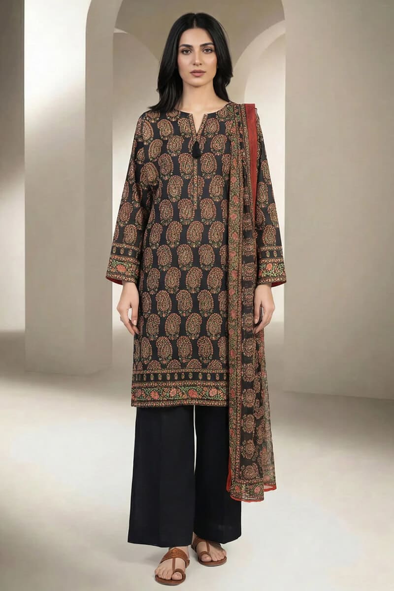 Sapphire (Vol.4) - 3PC Unstitched Printed Lawn Suit (Deep Charcoal Black & Muted Rust)