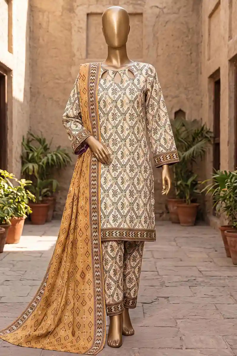 Agha Noor Printed Collection by KBC Fashion - 3PC Unstitched Suit (Off-White)