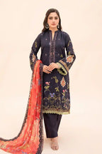 Zesh - 3PC Unstitched Embroidered Lawn Suit (Midnight Navy & Coral Orange)