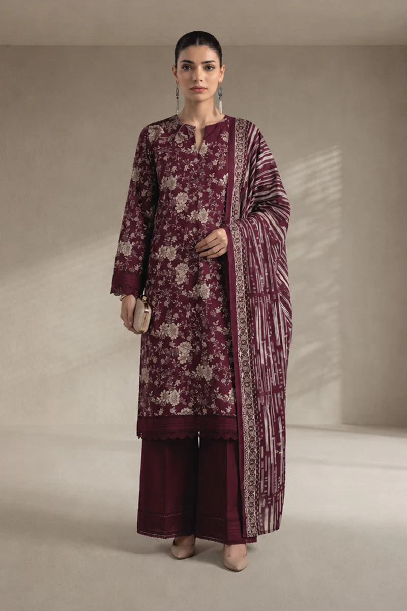 Khaadi – 3 Piece Unstitched Digital Printed Lawn Suit (Deep Maroon)