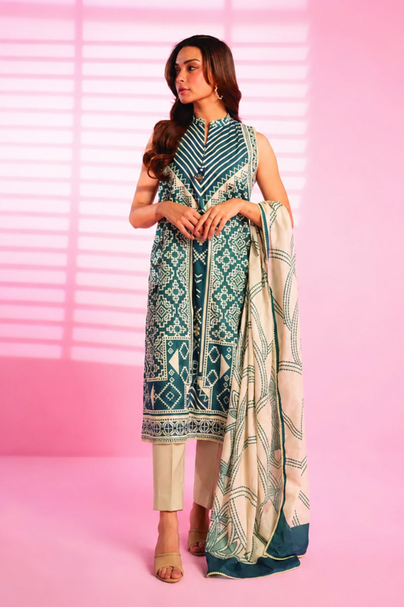 Khaadi – 3 Piece Unstiched Printed Lawn Suit (Teal & Cream)