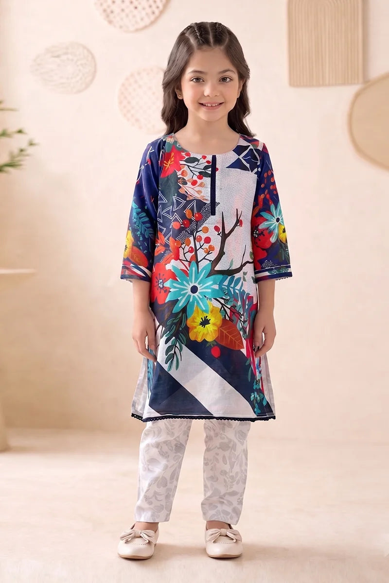 Ting Tone by Almeerah - Girls Unstitched 2-Piece Suit (8 to 12 Years) (Navy & White)