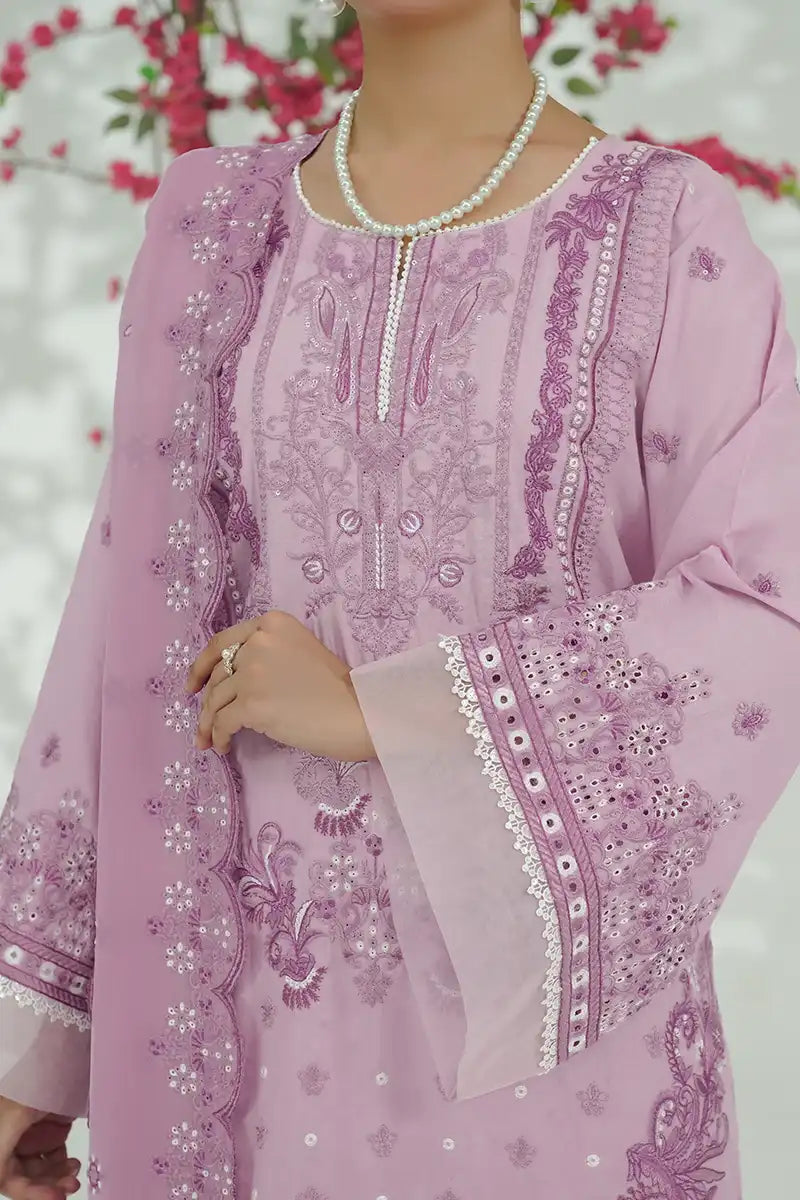 Prestige By KBC Fashion - 3 Piece Unstitched Embroidered Lawn Suit with Chiffon Dupatta  (Light Lavender)