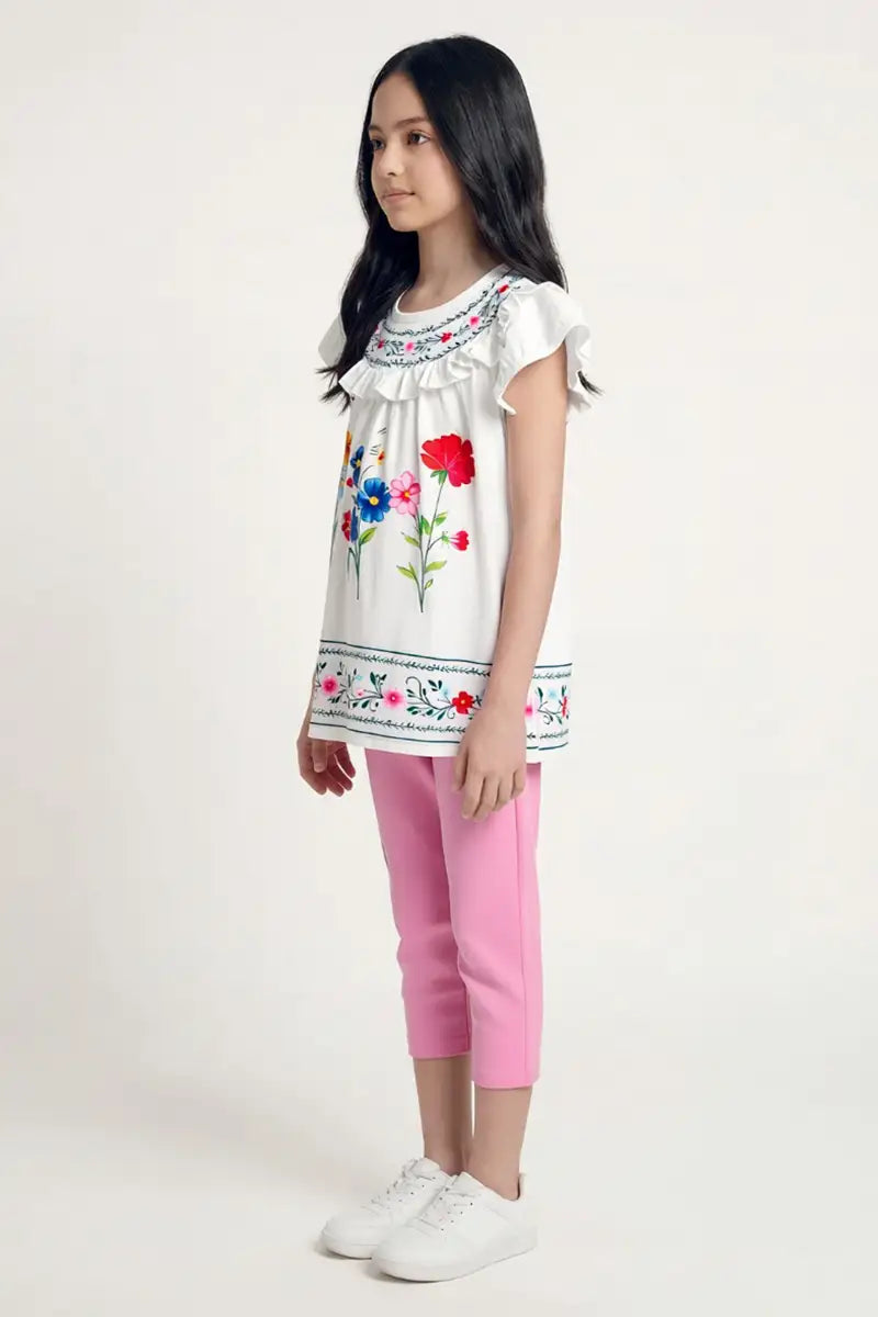 Girls Floral Embroidered Top & Trouser 2-Piece Set