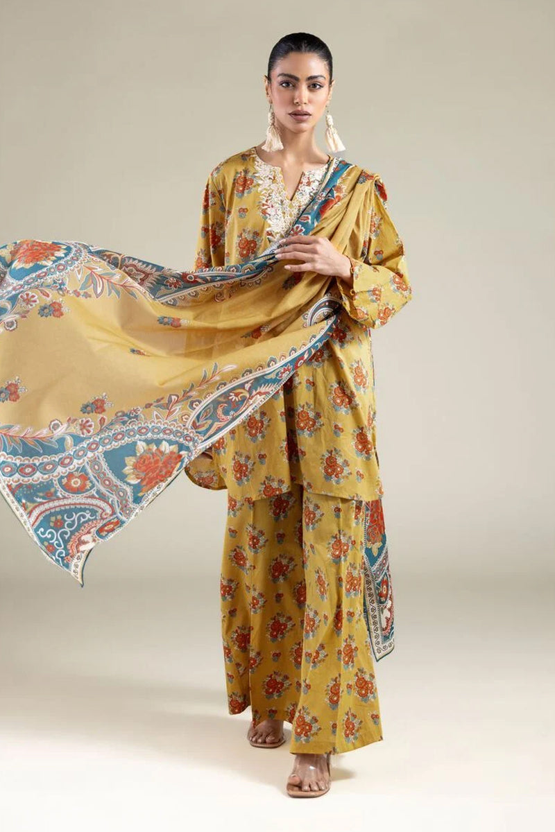 Khaadi – 3 Piece Unstitched Premium Embroidered Digital Printed Lawn Suit (Mustard Gold)