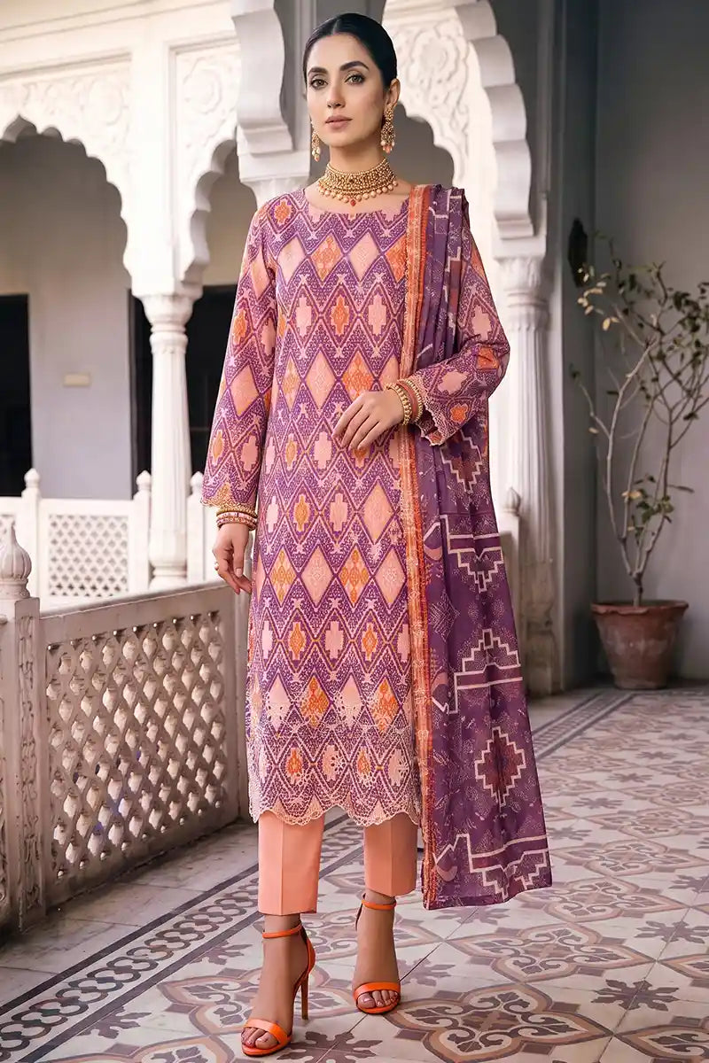 Zesh - 3PC Unstitched Embroidered Lawn Suit (Mauve & Soft Peach)