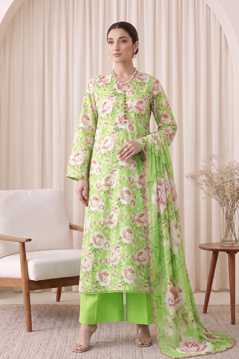 Gul Rang By Bareezé – 3-Piece Unstiched Printed Classic Lawn (Lime Green)