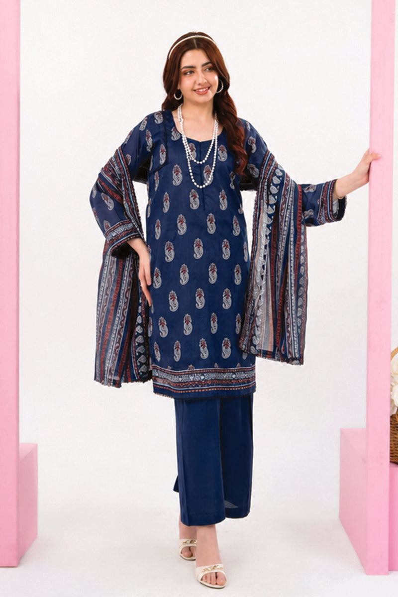Zesh - Drop Fourteen Printed Series 3PC Unstitched Lawn Suit (Deep Royal Blue)
