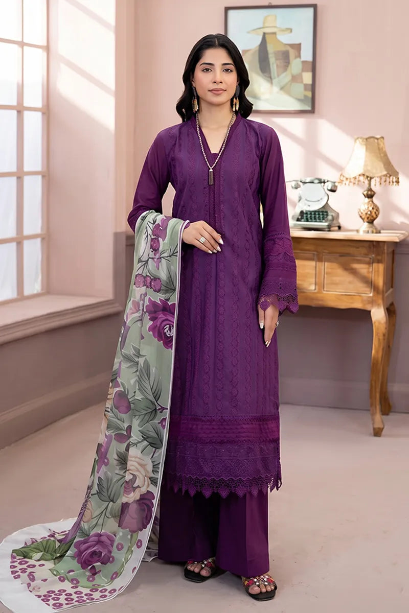 Gul-e-Seher By Johra - 3PC Unstitched Chikankari Lawn Suit (Purple)
