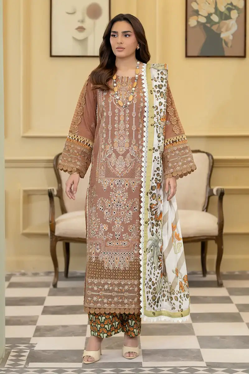 Elvia By Johra - 3PC Unstitched Embroidered Lawn Suit (Taupe Brown)