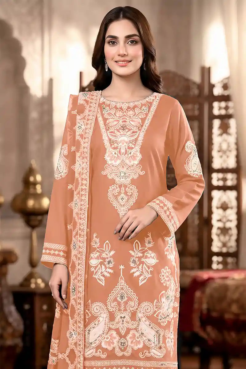 Shah Jaha by Breeza Fashion - 3PC Unstitched Embroidered Lawn Suit (Soft Apricot)